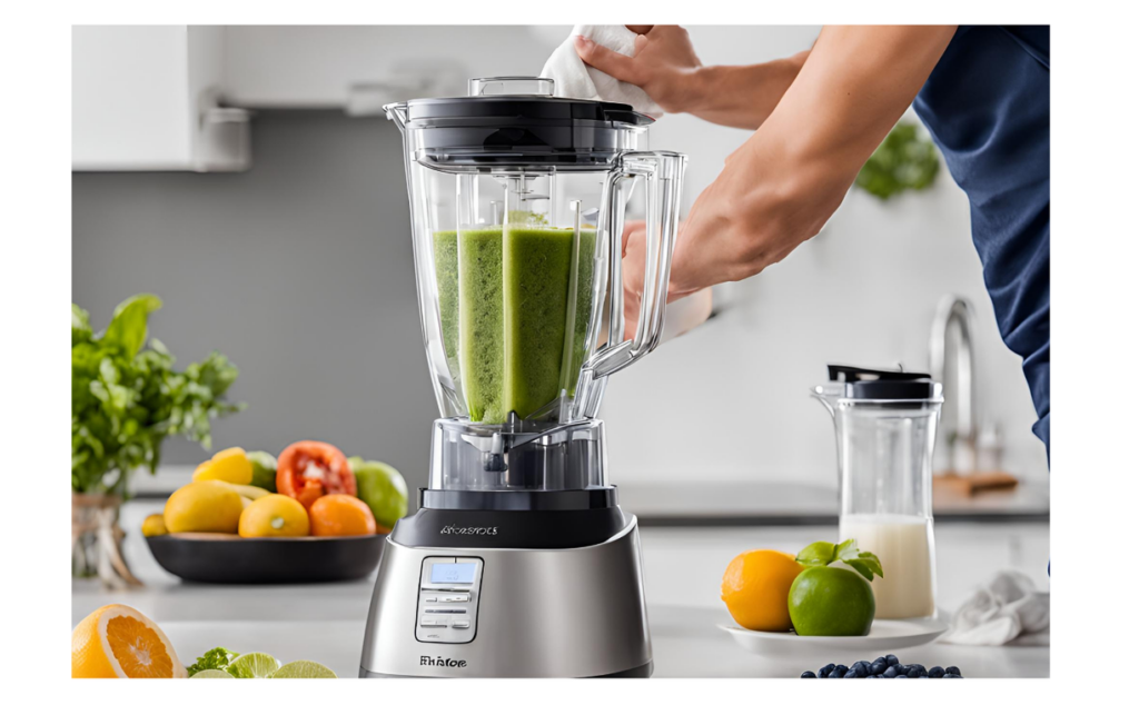 "Person using a high-performance blender to prepare fresh green smoothie in a modern kitchen, surrounded by fruits and vegetables like oranges, lemons, and greens."